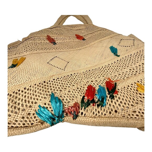 Vintage Hand Woven Large Straw Grass Raffia Shoulder Bag Floral Vacation Beach - Picture 7 of 7